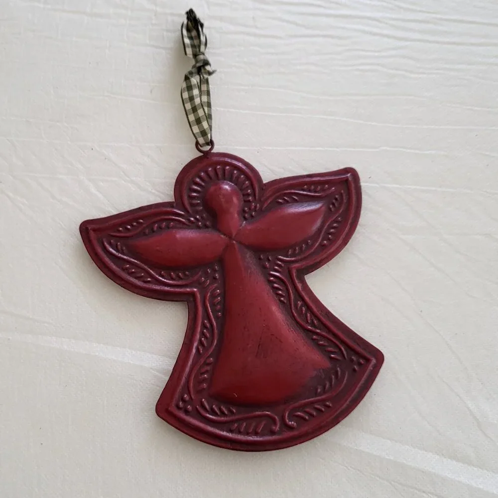 Angel Ornament Wall Decor Plaid Ribbon Burgundy Christmas Tree Religious Maroon